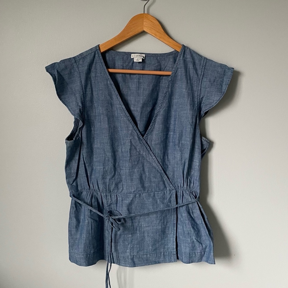 J. Crew Tops | J Crew Chambray Wrap Front Blouse in Denim Blue, Size 8